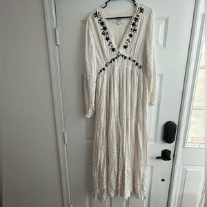 Elegant White Maxi Dress with Black Embroidery